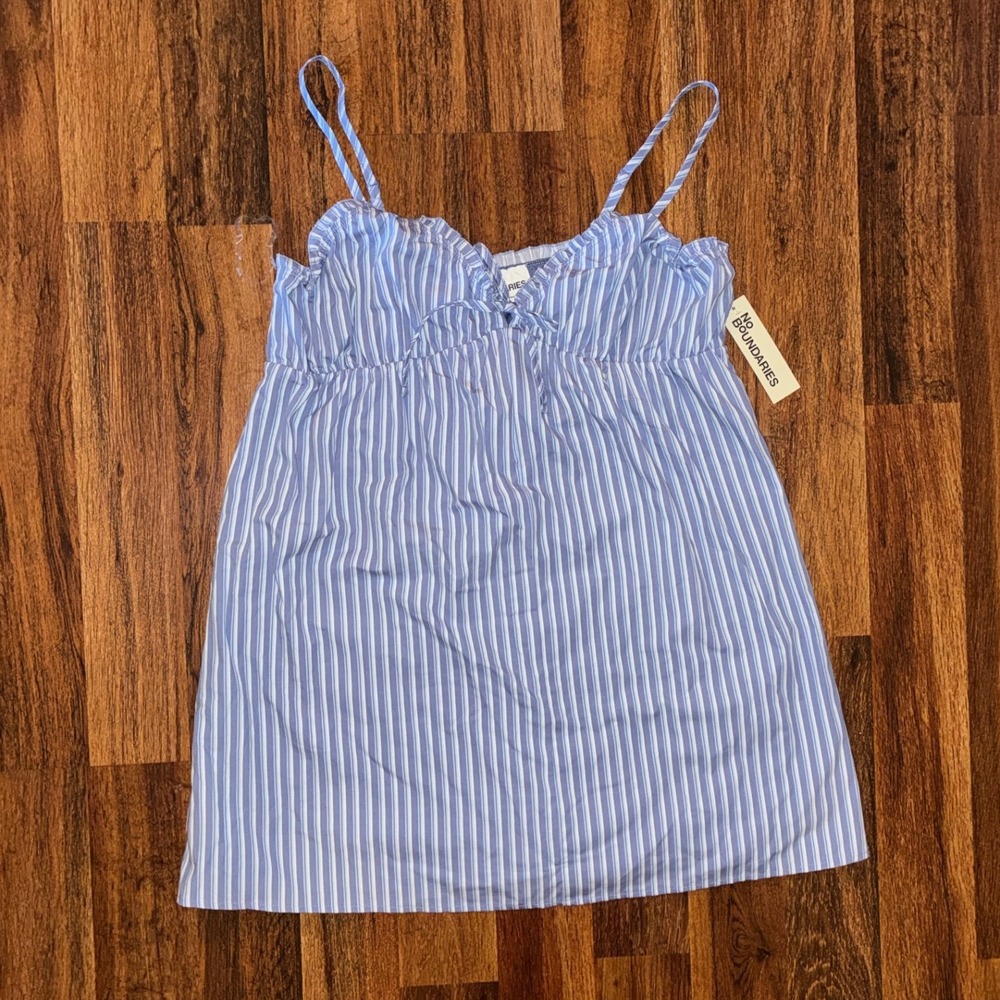 No Boundaries Blue White Striped Poplin Mini Sundress XL 16-18 Babydoll Ruffle